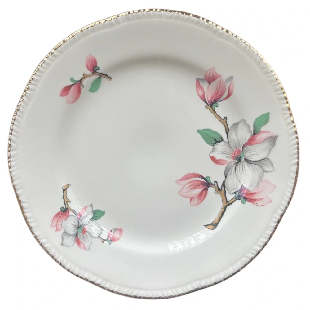 Homer Laughlin Dogwood Fine China Floral Plate Set Vintage Pink Gold Trim Pc Set